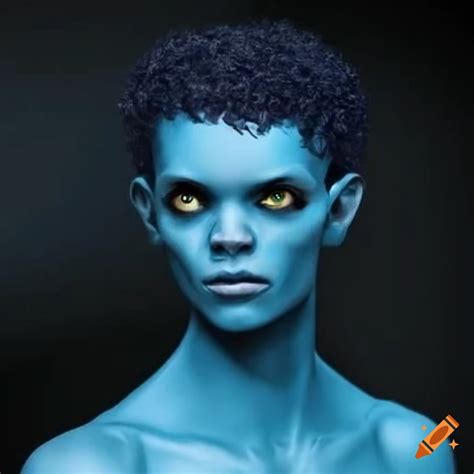 Portrait Of A Blue Skinned Alien Man With Black Hair