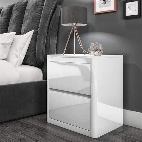 Lexi White High Gloss Bedside Table 2 Drawers Modern Design Amazon