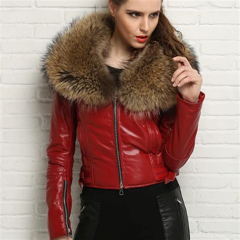luxury women s natural real genuine leather sheepskin coat jacket with large raccoon fur collar