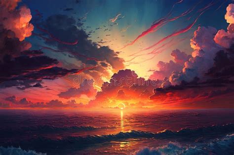 Beautiful Art Ocean Waves With Sunset And Clouds Horizon Landscape