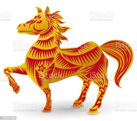 Kuda Zodiak Cina Dalam Warna Emas Dan Merah Ilustrasi Stok Unduh