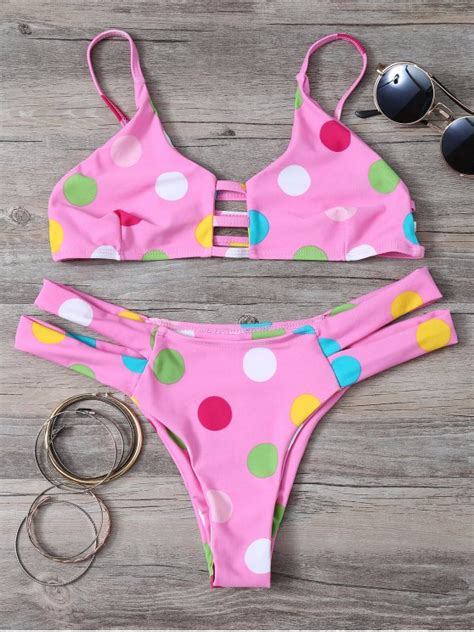 Off Polka Dot Bikini Set With Ladder Detail In Pink Zaful