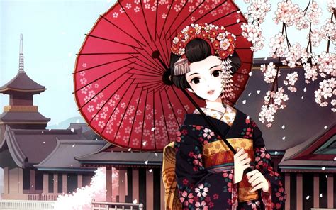 Anime Anime Girls Kimono Traditional Clothing Cherry Blossom Umbrella Original Characters