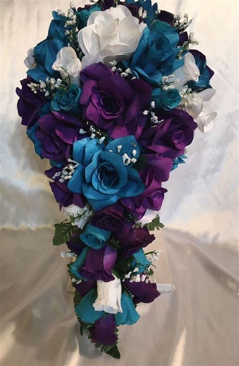 details about 21 piece bridal bouquet package teal plum purple silk