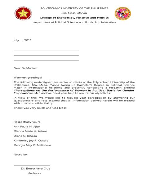 Consent letter to conduct research : Sample letter requesting permission to conduct a survey
