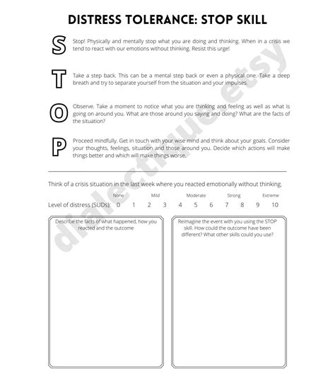 Distress Tolerance Stop Skill Handout And Worksheet Etsy Canada