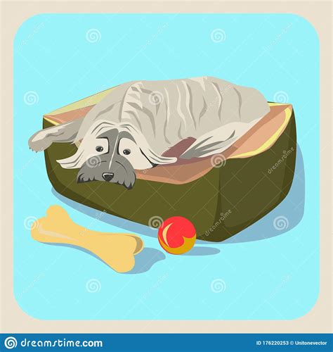 Cartoon Cute Dog Lying On Comfortable Pet Bed Stock Vector - Illustration of comfortable, happy 