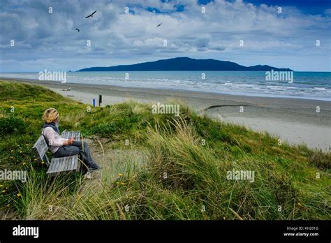 Woman Working On Her Tab Foxton Beach Kapiti Coast North Island New