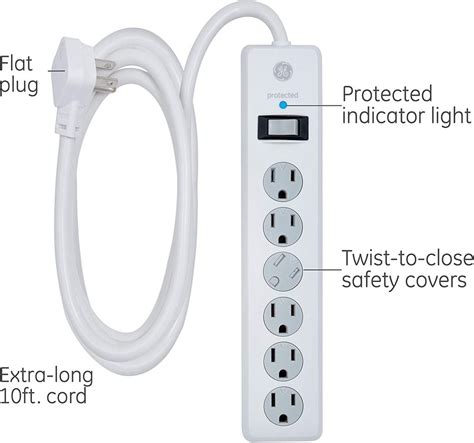 Ge 6 Outlet Surge Protector 10 Ft Extension Cord Power Strip 800