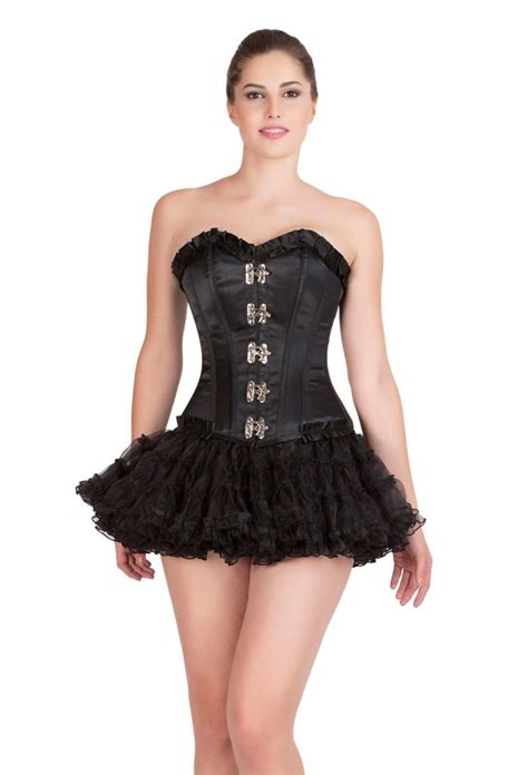 Black Satin Lace Gothic Bustier Overbust Top Tissue Tutu Skirt Corset Dress