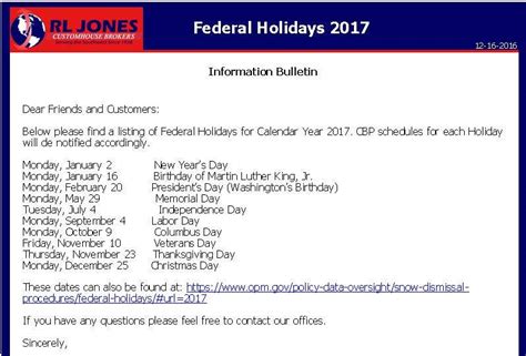 Calexico Federal Holidays 2017 Rl Jones Customhouse Brokers Inc