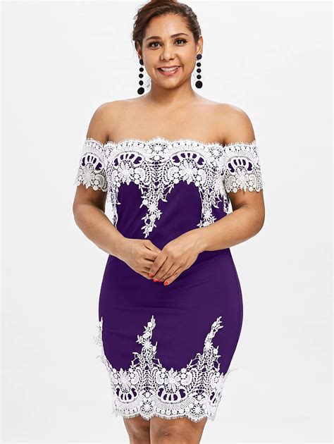 Wipalo Plus Size Off The Shoulder Party Dress Women Sexy Eyelash Lace