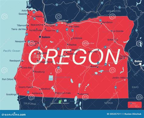 Oregon State Detailed Editable Map Stock Vector Illustration Of