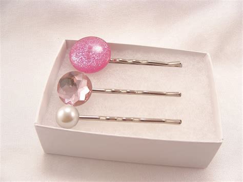 Bobby Pin Pink Button Fancy Faux Crystal Hair Pin Set Of Two Silver With T Box 600 Via