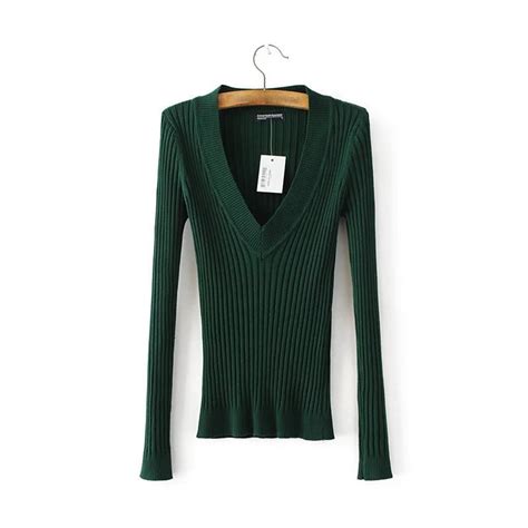 Autumn Fashion Women Forest Green Sexy Deep V Neck Elastic Knitted