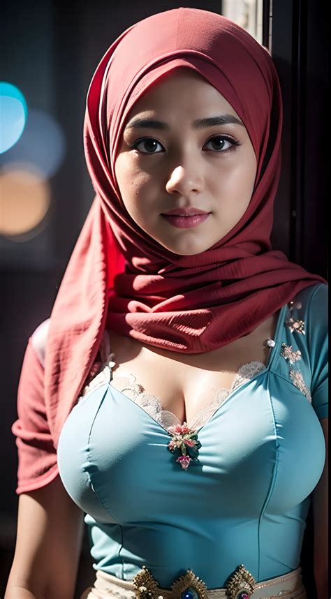 Close Up Malay Girl Modern Plain Hijab Shy Medium Portrait Shot Watery Eyes Blue