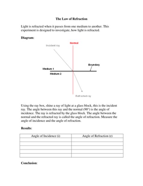 Law Of Refraction Experiment Worksheet By Missmunchie Teaching