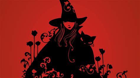 Cats Witch Fantasy Girl Fantasy Art Red Background Red Black