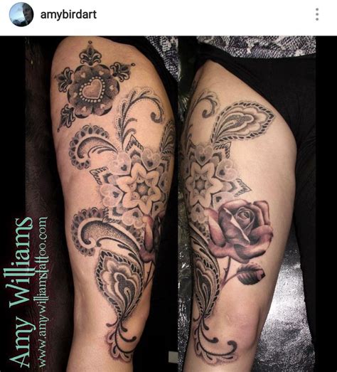 Black And Grey Rose And Dotwork Mandala Thigh Tattoo By Amy Williams