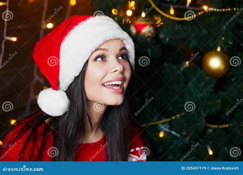 portrait of beautiful woman wear santa hat on christmas background stock image image of
