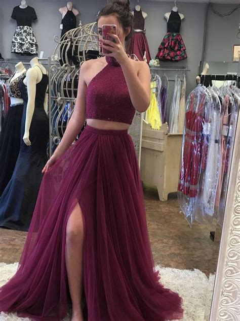 Two Piece Prom Dresses High Neck A Line Floor Length Tulle Long Sexy S