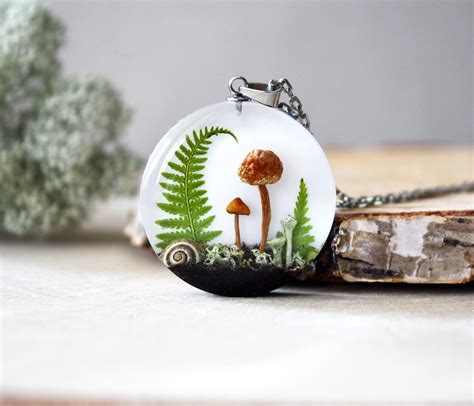 Real Mushrooms Snail Shell Moss Lichen And Green Fern Necklace