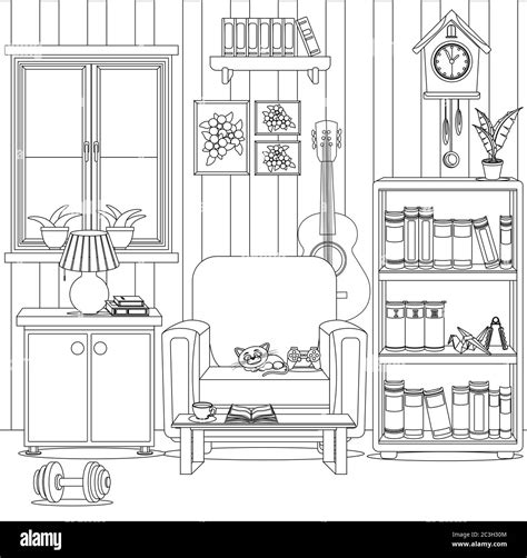 Coloring Book For Adults And Children On The Theme Of Interior And Home