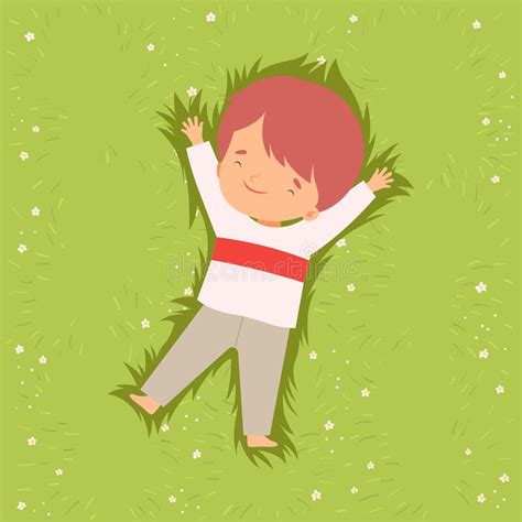 Top View Of Adorable Boy Lying Down On Green Lawn Adorable Kid Having