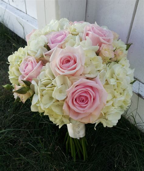 White Hydrangea With Soft Pink Spray Roses Wedding Bouquet Dahlia