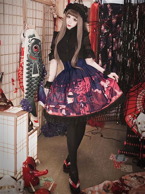 Kimono Lolita Skirt Japanese Printed Chiffon Pleated Ruffles Dark Red