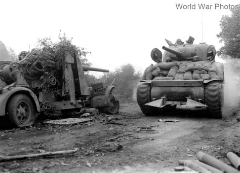 M4 Tank With Hedgerow Cutter Passing Flak 88 Normandy World War Photos
