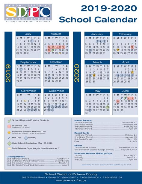 2019 2020 School Calendar Pickens County School District