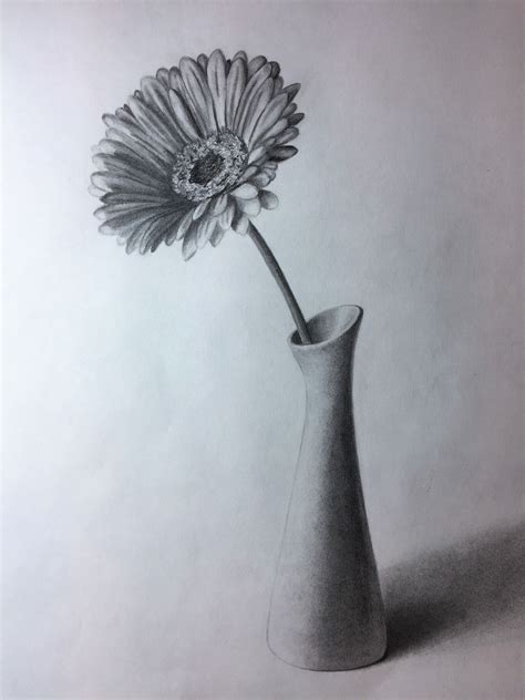 How to draw a still life scenery of flower vase step by step for beginners | art & craft: Gerbera in a vase. Graphite/pencil drawing by Elena ...