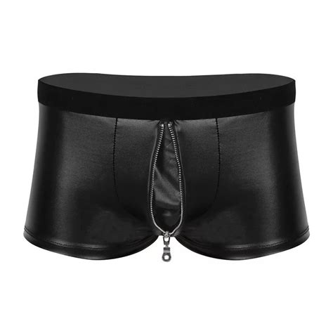 Mens Sexy Open Crotch Leather Short Pants For Sex Zipper Crotchless Soft Patent Leather Fetish