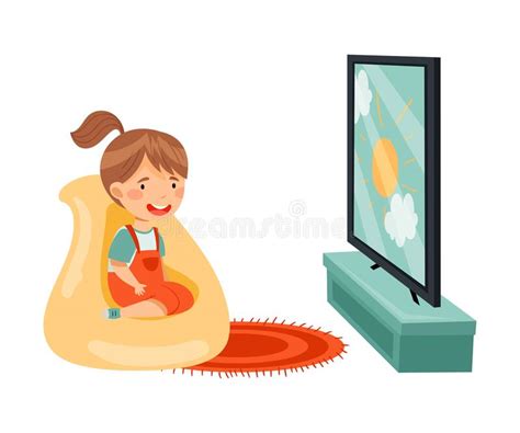 Little Girl Sitting In Armchair Watching Cartoon Film On Tv Vector