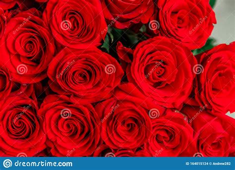 Cropped Top View Photo Of Bouquet Of Big Tender Red Roses Stock Photo