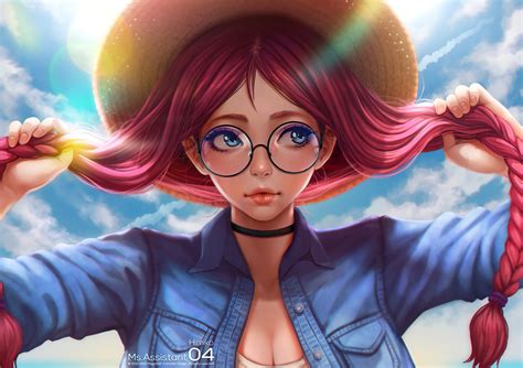 Wallpaper Illustration Redhead Long Hair Anime Girls Blue Eyes Glasses Hat Open Shirt