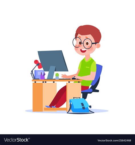 Child At Computer Cartoon Boy Learning Desk Vector Image