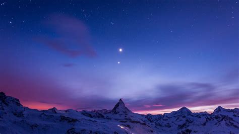 Download Wallpaper 1600x900 Night Mountains Snow Sky Stars
