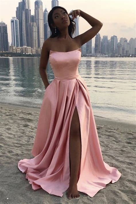 Strapless Pink Satin Long Prom Dress With High Slit Simple Pink Forma