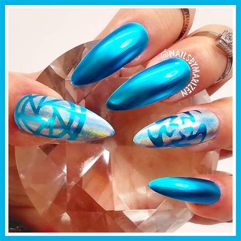 Chrome Nail Art Design 2017 Stiletto Acrylic Blue Pattern