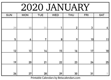 Blank January 2020 Calendar Printable