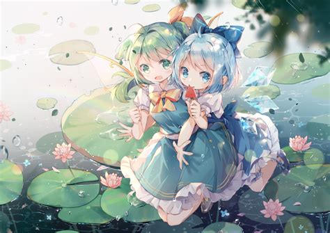 2girls Blue Eyes Blue Hair Blush Bow Cirno Daiyousei Dress Fairy Flowers Food Green Eyes Green