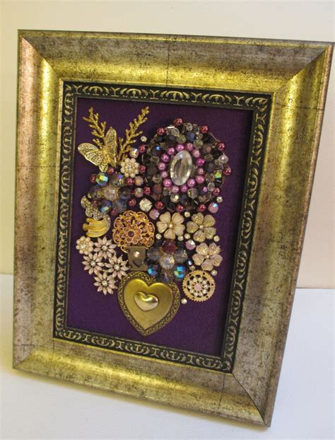 Jeweled Framed Jewelry Art Flower Bouquet Gold Purple Etsy