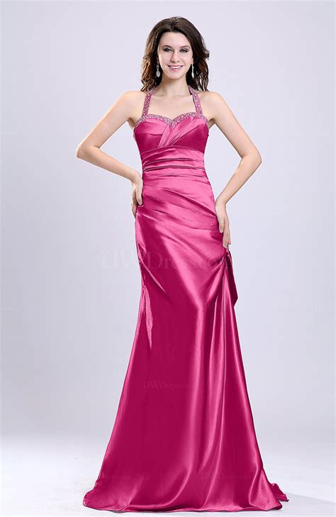 Hot Pink Sexy A Line Sleeveless Backless Silk Like Satin Evening Dresses