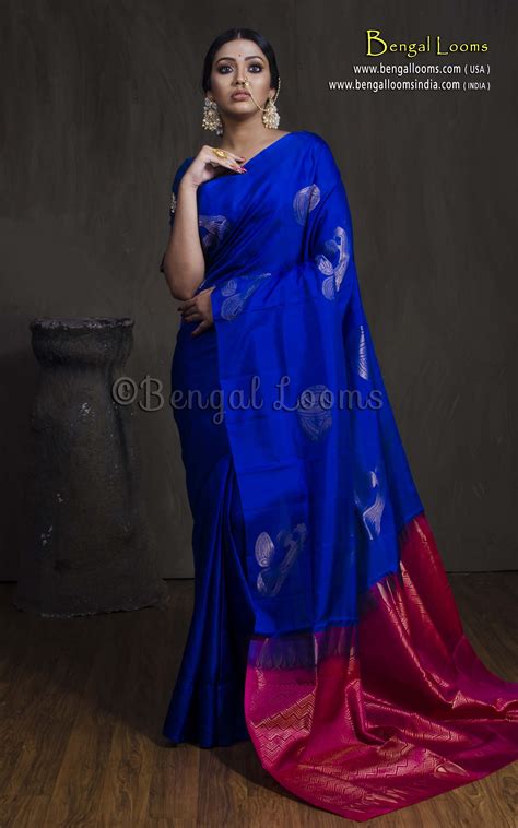 soft silk kanchipuram saree in royal blue and rani blue silk saree soft silk sarees saree