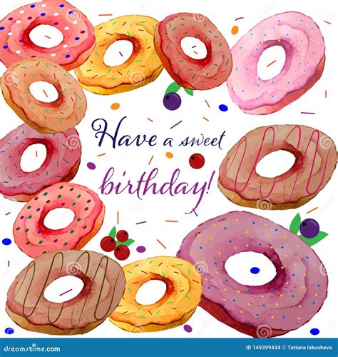 Birthday Card With Set Of Donuts Hand Drawn Illustration With Vector