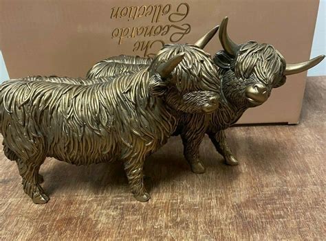 Reflections Twin Bronze Colour Highland Cow Statue Ornament Figurine By