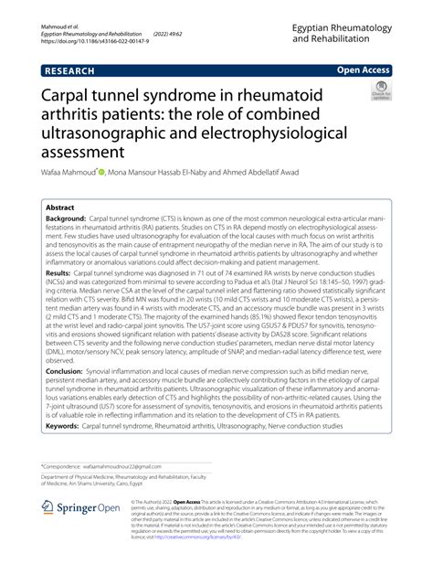 Pdf Carpal Tunnel Syndrome In Rheumatoid Arthritis Patients The Role