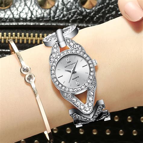women classic fashion bling diamond bracelets watches crrju ladies stainless steel band clock